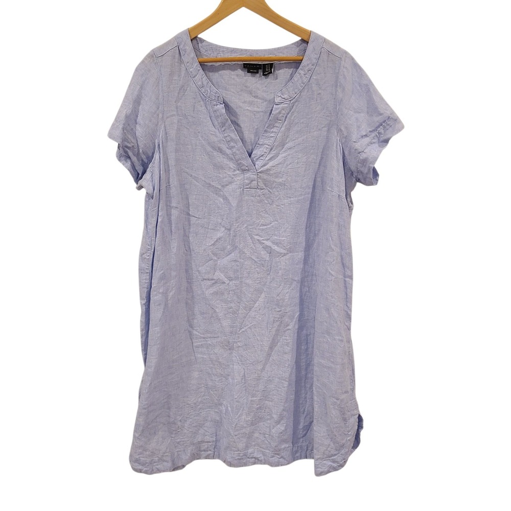 Tahari Blue 100% Linen Short Sleeve‎ Shift Mini Dress Women's Plus Size 1X